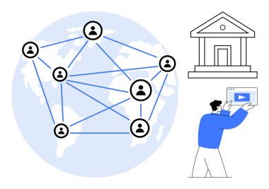 Küresel ağ kullanıcı simgelerini dünya haritasına bağlıyor, banka binası, içeriği tutan kişi. Bağlantı, bankacılık, içerik paylaşımı, küreselleşme, takım çalışması, dijital platform sade iniş için ideal