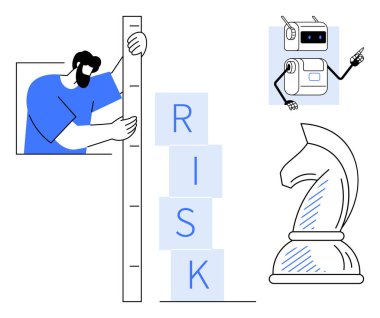 RISK etiketli adam yığını, robot işaretli ve satranç şövalyesi stratejiyi, karar vermeyi ve yapay zekayı sembolize ediyor. Planlama, yenilik, yapay zeka stratejisi, analitik risk değerlendirmesi için ideal