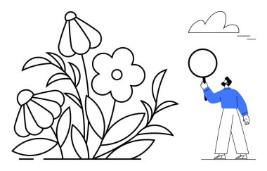 Elinde büyüteç olan kişi, çiçek şekillerini büyük çiçek ve bulutların yanında inceler. Doğa, büyüme, merak, keşif, eğitim, çevre dostu temalar, basit iniş sayfası için ideal