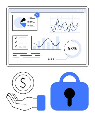Turta grafikleri, çizgi grafikleri, bar grafikleri, el ele tutuşan para sembolü ve asma kilitle etkileşimli gösterge paneli. Finans, güvenlik, analitik, ödemeler için ideal tasarruf yatırımı sade iniş sayfası