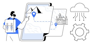 Sırt çantalı bir adam tablet üzerindeki dijital haritayla etkileşime geçiyor. Yer iğneleri dağları ve işaretleri gösteriyor. Seyahat, turizm, navigasyon, teknoloji, keşif, planlama, basit iniş sayfası için ideal