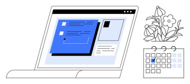 İşaretli bir olay ve saksı bitkisi olan bir masa takviminin yanında görev yönetimi panelini gösteren dizüstü bilgisayar. Üretkenlik, planlama, programlama, uzak çalışma, organizasyon, odaklanma, daire için ideal