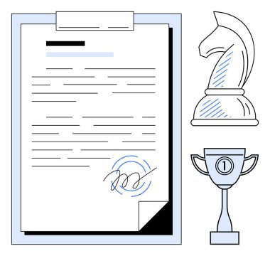 Satranç tahtası ve kupanın yanında imzalı kağıt da var. Başarı, planlama, liderlik, hırs, başarı, stratejik düşünce, iş büyümesi için idealdir. Düz basit metafor