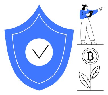 Kontrol işaretli kalkan güvenliği simgeliyor, Bitcoin bitkisi büyümesi kripto para biriminin başarısını gösteriyor, verileri analiz eden kişi. Fintech, engelleme zinciri, kripto para birimi, güvenlik ve finansal planlama için ideal