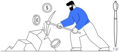 Adam kazmayla taş kırıyor, para sembollü sikkeleri ortaya çıkarıyor. Çalışma, yatırım, finansal planlama, madencilik, kripto para birimi, iş gücü, basit iniş sayfası için ideal