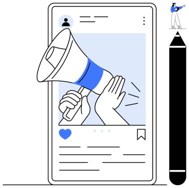 Kullanıcı profili ögeleri, kalp ve yer imi simgeleriyle mobil bir arayüzde promosyonu sembolize eden megafon. Pazarlama, reklam, sosyal medya, markalaşma, iletişim, içerik oluşturma için ideal