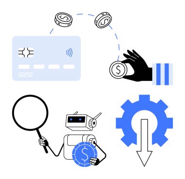 Ödeme kartı, robot yapay zeka işlemleri optimizasyon için dişli sembolü, madeni paralar ve el temsilciliği. Fintech, otomasyon, yapay zeka, bankacılık optimizasyon teknolojisi için ideal