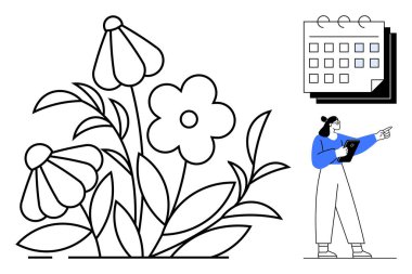 Elinde tablet tutan bir kadın, takvimi işaret eden, yanında çiçek açan büyük bir kadın. Planlama, üretkenlik, büyüme, doğa ilhamı, çevre dostu kavramlar, yaratıcılık için ideal basit iniş sayfası