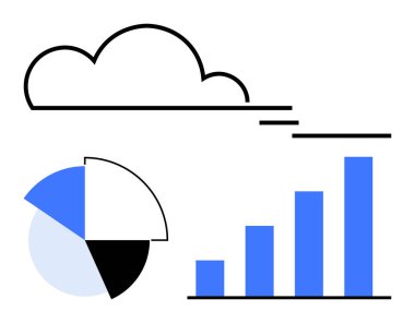 Çubuk grafik büyüme analizi ve pasta grafiğine bağlı bulut. Veri depolama, analitik, ilerleme, finans, iletişim, iş, bilgisayar için ideal. Asgari düz metafor