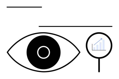 Büyütme çizelgesinin üzerinde büyüteç olan göz sembolü analizi, içgörü ve berraklığı gösteriyor. Veri görselleştirme, iş analizi, araştırma, yenilik, analitik ve sorun çözme için ideal