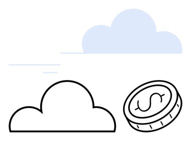 Üzerinde dolar işareti olan bir madeni para ana hatları, dijital finans, bulut depolama ve teknoloji yeniliklerini sembolize ediyor. Fintech, bulut hizmetleri, veri güvenliği, tasarruflar, iş büyümesi için ideal