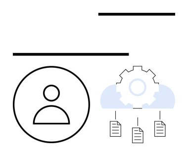 Bulut dişlisi yönetim belgelerine bağlı kullanıcı profili, dijital depolamayı, iş akışını ve kişiselleştirmeyi sembolize ediyor. Teknoloji, otomasyon, kaynak yönetimi, işbirliği, organizasyon için ideal