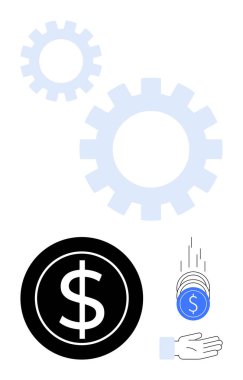 Vitesler, dolar işareti ve el yakalama paraları. Finans, bağış toplama, iş süreçleri, otomasyon, ekonomik kavramlar için ideal, teknoloji sade iniş sayfası