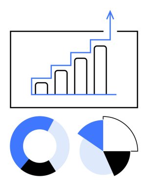 Yukarı doğru ok ile büyüme eğilimini gösteren çubuk grafik, veri segmentlerini temsil eden iki pasta diyagramı. Analiz, iş büyümesi, mali planlama, raporlar, strateji, karar verme, ilerleme için ideal