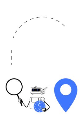 Robot büyüteç, bozuk para ve yer tespit pimi tutuyor, verileri takip ediyor ve desenleri analiz ediyor. Teknoloji, yapay zeka, finans, navigasyon analitik yenilik ve problem çözme için idealdir. Düz basit