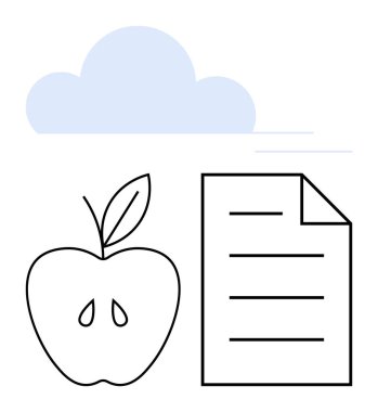 Bulut, elma ve belgeyi birleştiren teknoloji, sağlık, organizasyon ve verimlilik. Teknoloji için ideal, eğitim sağlığı depolama bulutları sağlıklı alışkanlıklar veri yönetimi minimalizmi. Düz basit