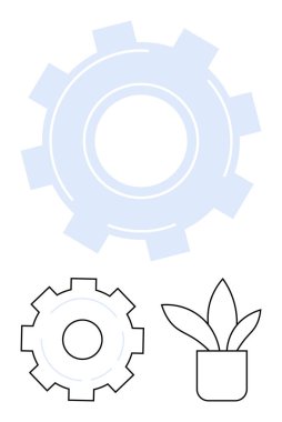 Geniş dişli taslak, daha küçük detaylı teçhizat ve saksı bitkisi yenilik, verimlilik, sürdürülebilirlik temaları çağrıştırıyor. Teknoloji, mühendislik, çevre, büyüme ekosistem dengesi için ideal basit