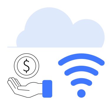 Kablosuz sinyal ve dolar sikkeye sahip bulut simgesi dijital bağlantı, çevrimiçi ödemeler, bulut depolama, internet erişimi, e-ticaret, ağ oluşturma ve basit iniş sayfasını vurguluyor