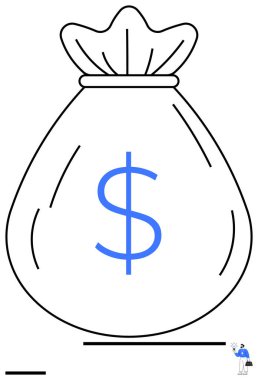 Üstte mavi dolar sembolü olan bir çuval var. Finans, iş, yatırım, bankacılık, tasarruf, ekonomi ve basit iniş sayfası için ideal. Çizgi benzetmesi. Basit satır simgeleri