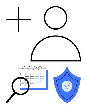 Güvenlik kalkanı olan kullanıcı profili simgesi, planlama takvimi, arama için büyüteç ve eklemeler için işaret. Zamanlama, güvenlik, kullanıcı yönetimi, arama fonksiyonları ve erişim için ideal