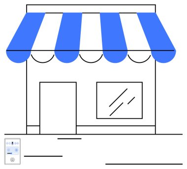 Mavi çizgili tenteli, kapısı ve perakende veya servis bazlı iş için penceresi olan küçük bir dükkan cephesi. İş, mağaza önü, perakende, alışveriş, pazarlama ticareti ve girişimcilik için idealdir. Düz