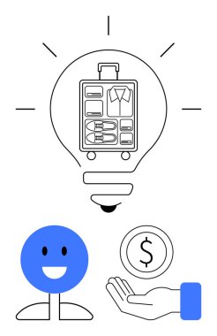 İçinde organize bir bavul olan ampul, gülümseyen bir figür, elinde para. Seyahat tavsiyeleri, paketleme stratejileri, yenilik, bütçe hesaplama, tasarruf için ideal, sade bir iniş sayfası