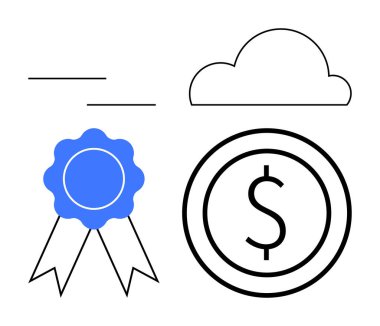 Asgari bulut, kurdeleli mavi rozet, dolar simgesi ve ince çizgiler. Başarı, finans, dijital araçlar, başarı, teknoloji ekonomisi ve basit iniş sayfası için ideal