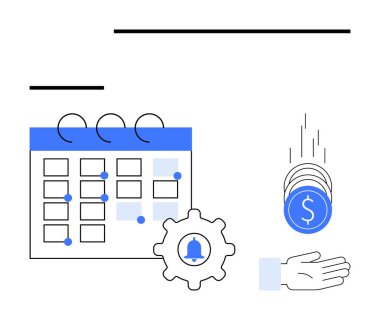 Vurgulanmış tarihli takvim, bildirim simgesi olan teçhizat, açık ellere düşen paralar. Zaman yönetimi, planlama, hatırlatıcılar, finans, bütçe, amaç basit bir iniş sayfasını izlemek için ideal