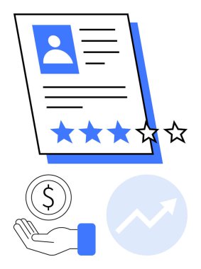 Resimli profil kağıdı, eşkali ve dört yıldızlı not, bozuk para tutan bir el ve yükselen ok çizelgesi. İşe alım, insan kaynakları, iş değerlendirmesi, kariyer büyüme performans yönetimi finansmanı için ideal