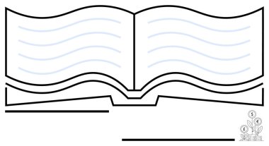 Minimalist bitki simgeleri tarafından desteklenen bilgi ve büyümeyi sembolize eden ince kıvrımlı çizgilerle açık bir kitap. Eğitim, edebiyat, öğrenim, araştırma, bilgelik, ilham, düz basit