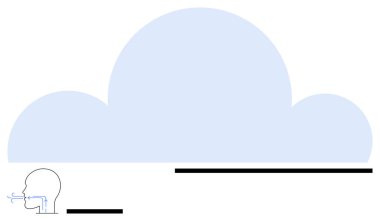 Baş silueti, hava akışını temsil eden havayı dışarı salıyor, yukarıda büyük soyut bulut şekli ve kalın yatay çizgiler var. Solunum sağlığı, bilim, hava kalitesi, farkındalık ve rahatlama için ideal