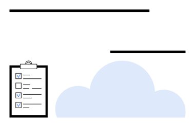 Soyut bulut şeklinin yanında kontrol listesi olan pano görev yönetimi, bulut teknolojisi ve verimliliği yansıtıyor. Organizasyon, planlama, iş akışı, veri depolama, takım çalışması, asgari temalar için ideal