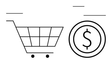 Büyük bir madeni paranın yanında alışveriş arabası satın alma, alışveriş ve ödeme temaları. E-ticaret, perakende, finans, tasarruf, işlemler ve basit iniş sayfaları için ideal