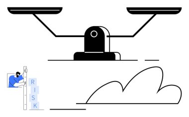 Dengeyi temsil eden ölçek, risk bloklarını istifleyen işçiler, eğri bulut elementleri. Strateji, risk yönetimi, karar verme, iş planlaması, liderlik, basit iniş sayfası analizi için ideal