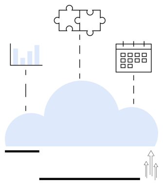 Merkezi mavi bulut simgesi çubuk grafiği, bulmaca parçaları, takvim ve yukarı doğru okları birbirine bağlar. Bulut hesaplama, veri analizi, takım çalışması, zamanlama, iş akışı entegrasyon teknolojisi için ideal basit