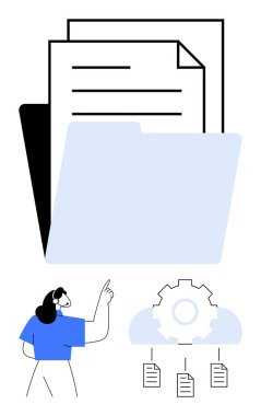 Dosyanın içindeki belgeler, bulut ve dosyalara bağlı bir dişli, yukarıya bakan bir kadın. Takım çalışması, dosya organizasyonu, iş akışı, veri senkronizasyonu, bilgi paylaşımı, dijital yönetim dairesi için ideal