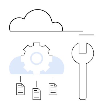 Yapılandırmayı temsil eden bir teçhizatlı bulut, araçlar için anahtar ve veri paylaşımı için belgeler. IT, bulut depolama, teknoloji, veri yönetimi, dosya paylaşımı, yazılım geliştirme süreci için ideal