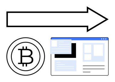 Tarzlı web sayfası arayüzü ve geniş okun yanında bitcoin işareti. Kripto para birimi, engelleme zinciri, finans, ekommerce, teknoloji, yenilik, dijital dönüşüm için ideal. Düz basit metafor