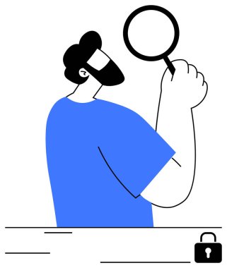 Sakallı adam büyüteç tutuyor ve kilit sembolünün yanında bilgi topluyor. Araştırma, analiz, güvenlik, odaklanma, soruşturma ve merak verileri için ideal. Kalın düz metafor