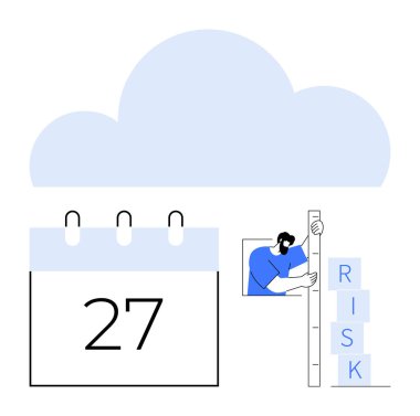 Büyük bulut arkaplanı, 27. tarihli takvim, cetvelle risk bloklarını ölçen kişi. Proje yönetimi, risk analizi, bulut hesaplaması, planlama, zaman yönetimi, veri görselleştirme için ideal