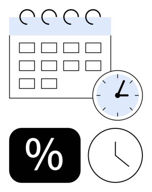 Döngü halkaları, analog saat, yüzde simgesi ve kronometre fikri olan takvim ızgarası. Zaman yönetimi, verimlilik, planlama, teslim tarihleri için ideal kaynak yönetimi. Basit düz