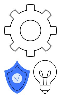 Üretkenlik için vites sembolü, güvenlik işaretli kalkan ve yenilik için ampul. Teknoloji, strateji, planlama, yaratıcılık, güvenlik, ilerleme temaları için ideal