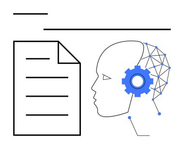 İnsan kafası nöral ağa bağlı ve teçhizat yapay zeka gelişimini sembolize ediyor. Veri girişi için metin içeren belge. Yapay zeka, otomasyon, eğitim, bilgi, yenilik ve araştırma teknolojisi için ideal. Düz