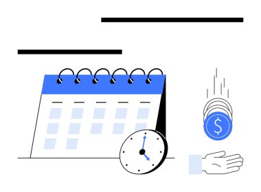 İşaretli tarihli takvim, saat takibi, madeni tasarruflar için gereken madeni paralar. Zamanlama, zaman yönetimi, bütçe belirleme, ödeme hatırlatıcıları, mali planlama için ideal