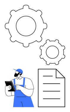 Üniformalı bir işçi tablet kullanıyor, dişlilerin ve kağıt belgelerin altında duruyor. Endüstri, mekanik, iş akışı yönetimi, bakım, işlemler, teknoloji verimliliği için ideal. Düz basit metafor