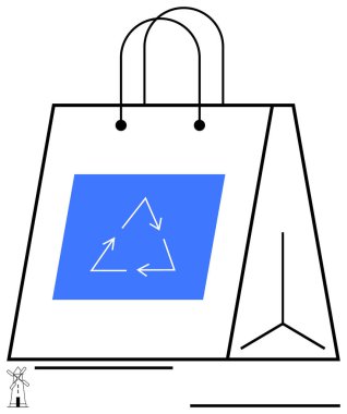 Geri dönüşüm sembollü yeniden kullanılabilir alışveriş torbası çevre sorumluluğunu vurguluyor. Sürdürülebilirlik, çevre bilinci, perakende, ticaret, koruma, minimalizm, atık azaltma için ideal. Düz basit