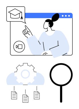 Çevrimiçi sınıfa katılan kişi, akademik ikon, belgeleri birbirine bağlayan bulut dişlisi, büyüteç. Eğitim, teknoloji, e-öğrenme, araştırma verileri paylaşım verileri için idealdir. Düz