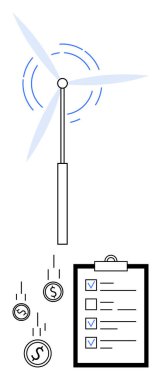 Rüzgar türbini kontrol listesinin yanında madeni para üretiyor. Yenilenebilir enerji, sürdürülebilirlik, yatırım, yeşil finans, çevre planlaması, eko-bilinç, basit iniş sayfası için ideal