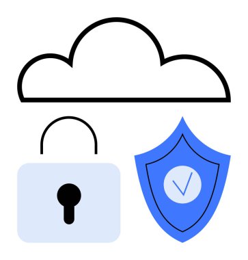 Kalkanı ve kilidi olan bulut veri güvenliğini, siber güvenliği ve dosya korumasını temsil ediyor. Teknoloji için ideal, çevrimiçi gizlilik, şifreli erişim, dijital altyapı, siber güvenlik araçları, bilişim