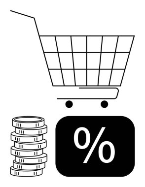 İçinde bozuk para yığını olan alışveriş arabası ve indirim tekliflerini, tasarruf etmeyi ve alışveriş anlaşmalarını temsil eden yüzde işareti. Satışlar, perakende satış, e-ticaret, bütçe, ticaret, pazarlama ve tanıtımlar için ideal